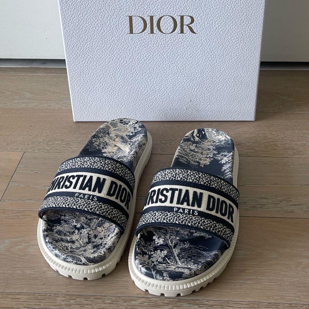 Dior DWAY SLIDE Deep Blue Toile De Jouy Reverse Embroidered Cotton